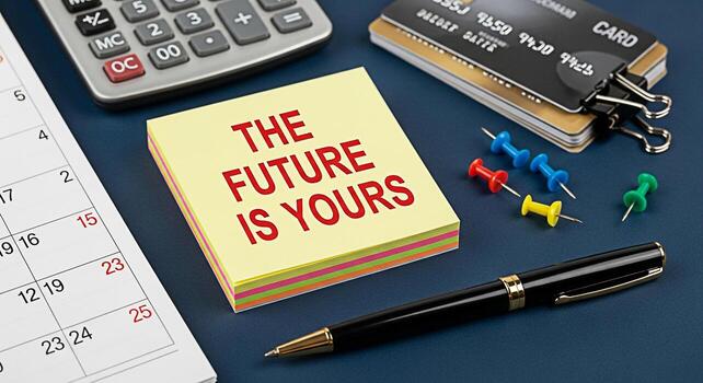 Closeup of a desktop scene featuring a sticky note with the motivational message The Future Is Yours surrounded by a calendar calculator credit cards push pins and a pen conveying a sense of planning photo