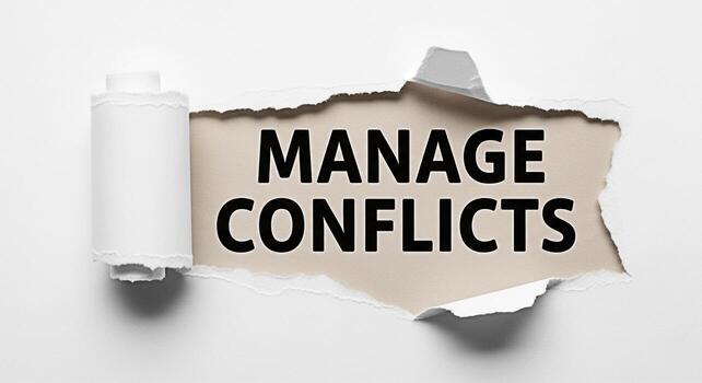 Bold text Manage Conflicts revealed through torn white paper symbolizing resolution and problemsolving in a challenging situation creating a concept of overcoming obstacles and achieving harmony in bu photo