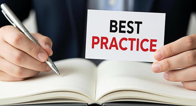 Focused professional writing in a notebook while holding a card with the words Best Practice in a welllit office symbolizing effective strategies and successful implementation of business methodologie photo