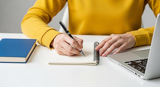 Focused student in a bright yellow sweater taking notes in a spiral notebook with a pen while studying with a laptop and a book on a white desk conveying a sense of concentration and academic dedicati photo