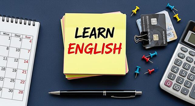 gastos generales Disparo de un apilar de pegajoso notas con aprender Inglés escrito en ellos rodeado por oficina suministros en un oscuro azul escritorio representando el concepto de idioma adquisición y educativo metas foto