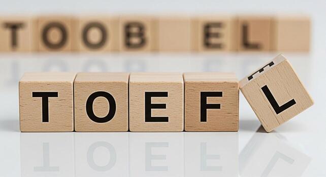 Wooden blocks spelling out TOEFL on a reflective white surface symbolizing the importance of English language proficiency for academic success and global communication conveying a message of preparati photo