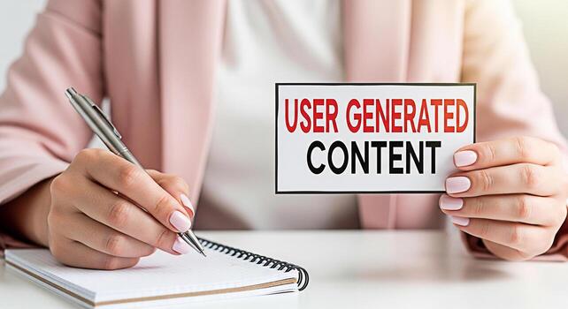 Woman in a pink blazer writing in a notebook while holding a card with the words User Generated Content in a bright welllit office emphasizing the importance of online community and content creation photo