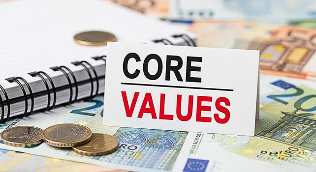 Core values concept displayed on a card placed on a table covered with Euro currency surrounded by coins and a notebook emphasizing the importance of ethics and principles in financial matters and bus photo