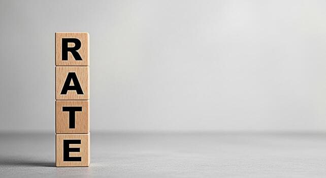 Wooden blocks displaying the word RATE in a minimalist studio setting symbolizing financial interest mortgage rates and the fluctuating economy with a clean modern aesthetic and copy space for text ov photo