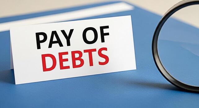 Closeup of a card stating Pay of Debts on a blue surface viewed through a magnifying glass symbolizing financial responsibility and the importance of managing and eliminating debt for a secure future photo