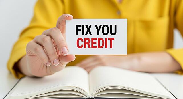 Closeup of a person holding a card with the message Fix You Credit in front of an open notebook on a white desk symbolizing financial recovery and a hopeful future photo