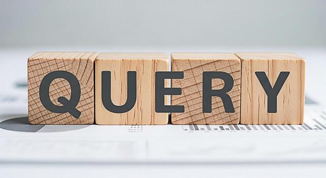 Wooden blocks spelling QUERY resting on a financial report symbolizing information retrieval and data analysis in a business context conveying a sense of investigation and problemsolving photo