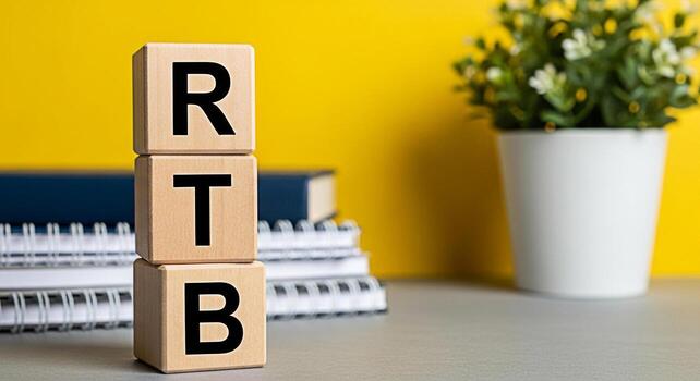 Wooden blocks displaying RTB on a bright yellow background in a modern office setting symbolizing RealTime Bidding and the concept of programmatic advertising with a focus on efficiency and innovation photo