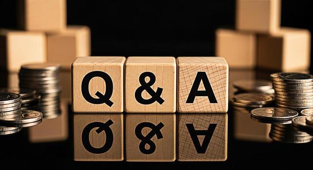 Wooden blocks displaying Q A with stacked coins on a reflective surface symbolizing financial questions and answers in a business setting creating a mood of clarity and informed decisionmaking photo