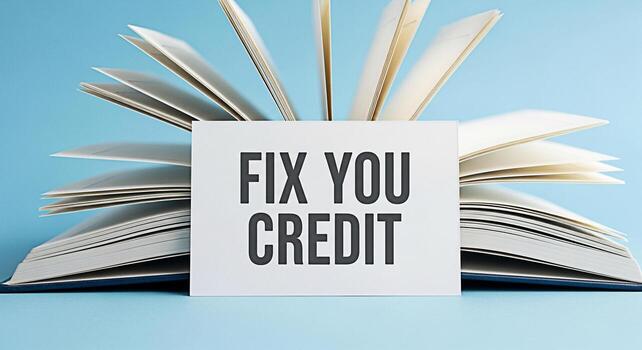 Open book displaying Fix You Credit card on a light blue background symbolizing financial education and the concept of improving credit scores through knowledge and guidance for a brighter financial f photo