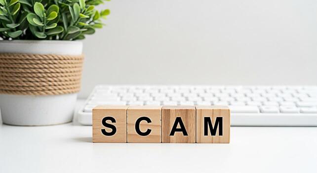 Wooden blocks spelling SCAM on a white desk with a computer keyboard and a potted plant representing online fraud and financial risk in a modern office setting conveying a sense of caution and awarene photo