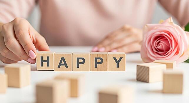 Gentle hands arranging wooden blocks spelling HAPPY on a white table with a pink rose conveying a sense of positivity wellbeing and the simple joys of life in a bright and cheerful setting photo