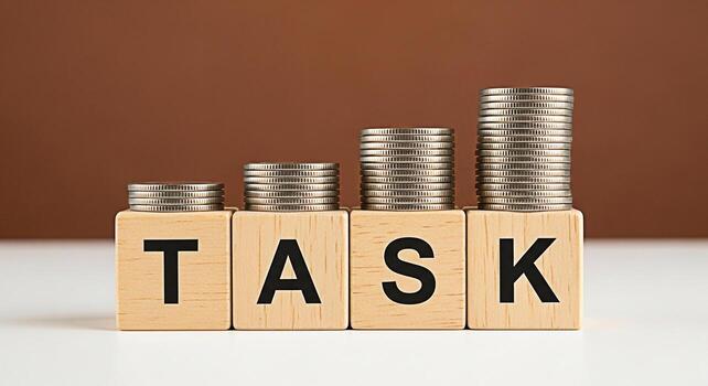 Stacking coins on wooden blocks spelling TASK against a brown backdrop representing financial goals and achievements symbolizing the incremental progress and the importance of completing tasks for fin photo
