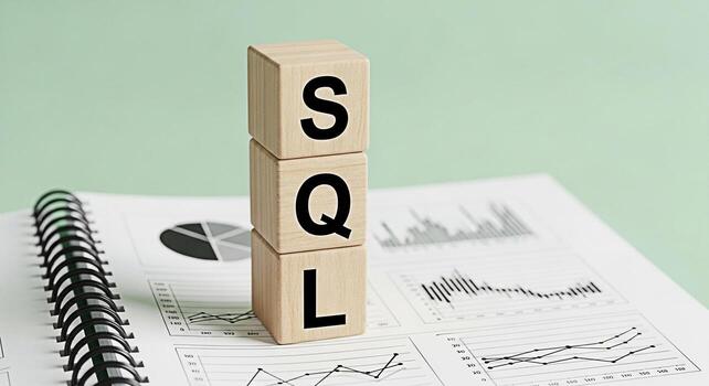 Wooden blocks spelling SQL resting on a spiral notebook filled with financial charts and graphs in a brightly lit office representing data analysis database management and structured query language co photo