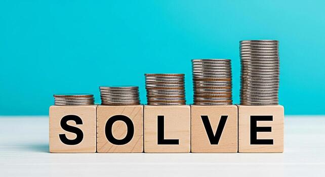 Stacks of coins growing on wooden blocks spelling SOLVE against a blue background representing financial problemsolving investment growth and the concept of finding solutions for business success photo