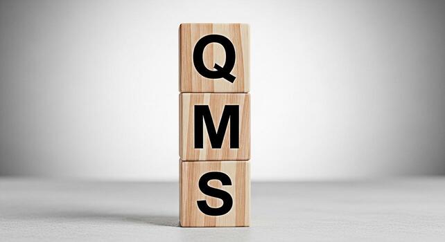 Wooden blocks displaying QMS in a bright studio environment representing Quality Management System and business process improvement symbolizing efficiency and systematic approach to quality control photo