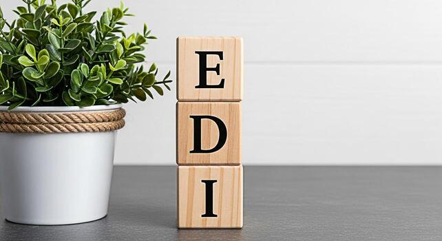 Wooden blocks spelling EDI displayed on a gray surface next to a potted plant symbolizing Electronic Data Interchange in a clean and modern office environment conveying concepts of technology and busi photo