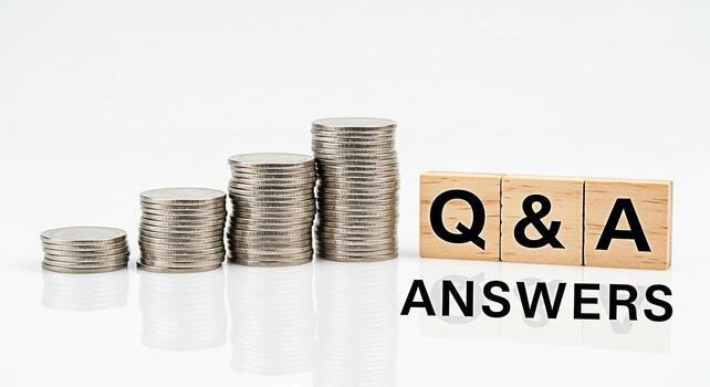 Stacks of coins growing alongside wooden blocks displaying Q A Answers on a white surface representing financial growth knowledge acquisition and the concept of finding solutions to questions photo