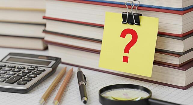 Closeup of a yellow sticky note with a red question mark attached to a stack of books on a desk with a calculator pencils pen and magnifying glass representing uncertainty and the need for research photo