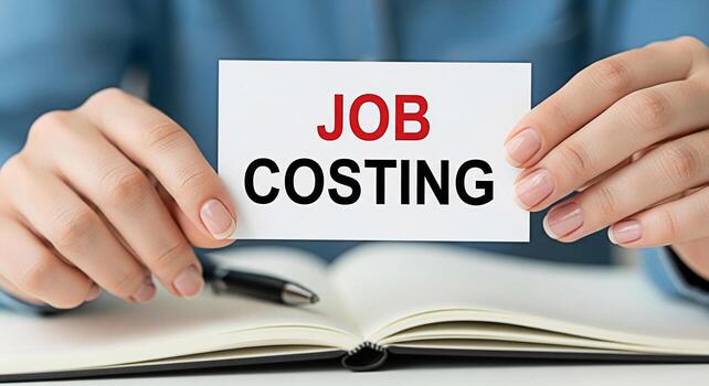 Female hands displaying a Job Costing card above an open notebook with a pen in a bright office setting emphasizing financial accounting and project management with a focus on cost control and busines photo