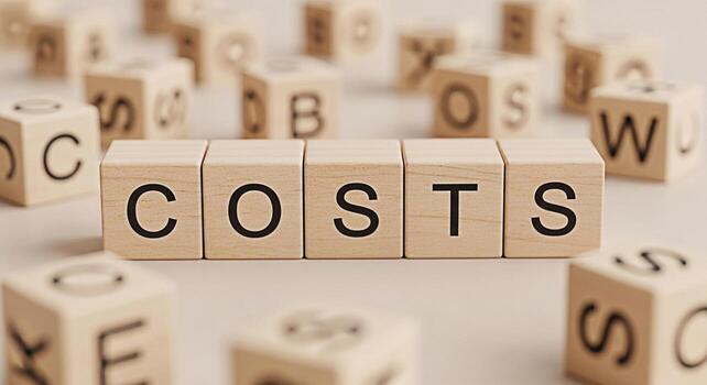 Wooden blocks spelling COSTS on a neutral surface surrounded by other lettered blocks representing financial planning and budget management in a simple clean and minimalist style conveying a sense of photo