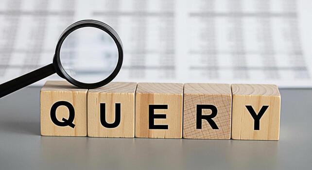 Magnifying glass inspecting the word QUERY spelled out with wooden blocks on a gray surface symbolizing investigation and information retrieval in a business or research environment photo