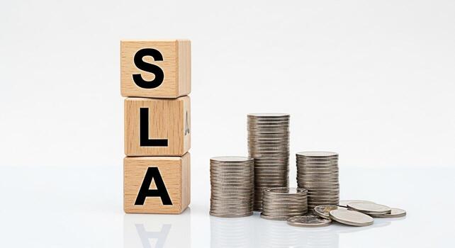 Wooden blocks spelling SLA next to stacks of coins on a white surface representing service level agreement and financial performance conveying concepts of business commitment and investment growth photo