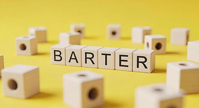 Wooden blocks spelling BARTER arranged on a bright yellow surface symbolizing a traditional trade system and representing the concept of exchanging goods or services without using money in a simple an photo