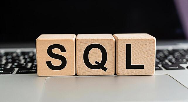 Wooden blocks spelling SQL resting on a laptop keyboard in a modern office environment representing database management data analysis and the importance of structured query language in software develo photo