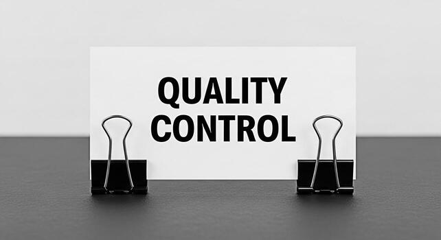 Closeup of a white card displaying Quality Control on a dark gray surface secured by black binder clips emphasizing precision and attention to detail in a minimalist businessoriented setting photo