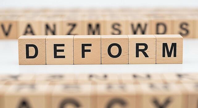 de madera bloques ortografía deformar en un blanco superficie transporte un concepto de distorsión y cambio simbolizando transformación y el potencial para modificación en un limpiar minimalista ajuste evocando un sentido foto