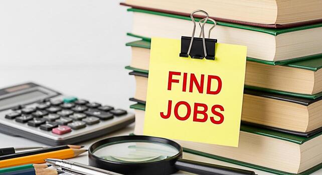 Closeup of a yellow sticky note with Find Jobs written on it clipped to a stack of books with a calculator magnifying glass and pencils on a white desk representing job searching and career opportunit photo