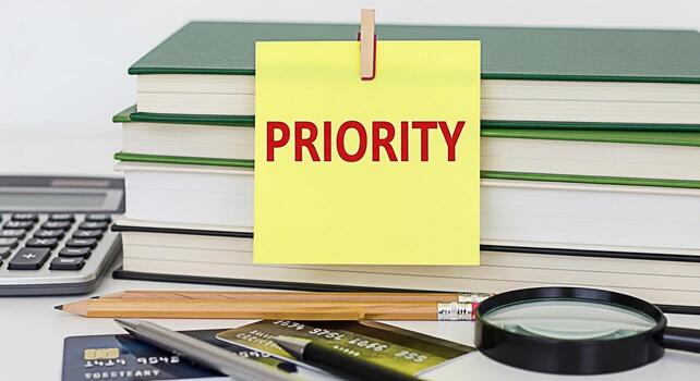 Yellow sticky note with the word PRIORITY displayed prominently clipped on a stack of books in a bright office setting emphasizing focus and time management for business and academic success photo