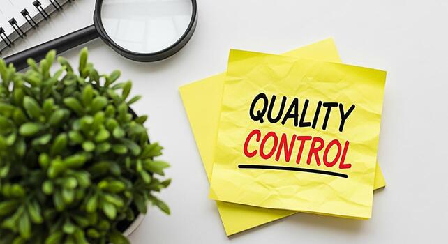 Quality control message on yellow sticky notes in a bright office setting emphasizing precision and attention to detail for maintaining high standards and ensuring customer satisfaction promoting trus photo