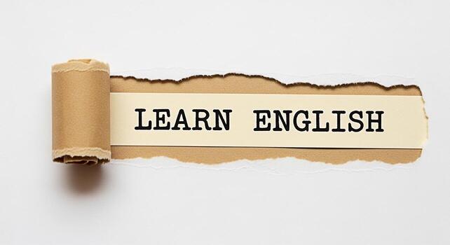 Rasgado papel revelador el palabras aprender Inglés en un beige antecedentes simbolizando descubrimiento y educación sugerencia un nuevo oportunidad para idioma adquisición y personal crecimiento en un minimalista ajuste foto