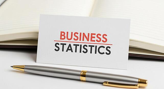 Closeup of a business card displaying Business Statistics next to an open notebook and a pen on a white desk symbolizing data analysis financial planning and strategic decisionmaking in a professional photo