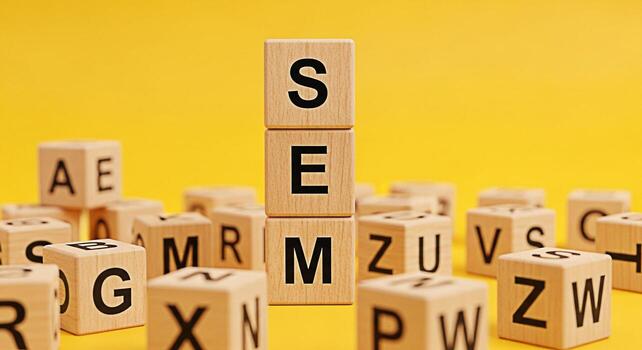 Wooden blocks spelling SEM on a vibrant yellow background representing Search Engine Marketing strategies and optimization techniques for online business growth and digital marketing success conveying photo