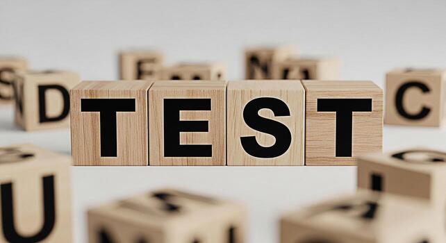 Wooden blocks spelling TEST arranged on a clean white surface representing assessment examination and evaluation in an educational or professional setting conveying a sense of scrutiny and analysis photo
