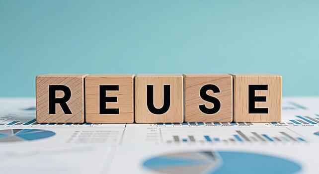Wooden blocks spelling REUSE sitting atop financial charts in a bright studio environment symbolizing sustainability resourcefulness and a commitment to environmental responsibility in business practi photo