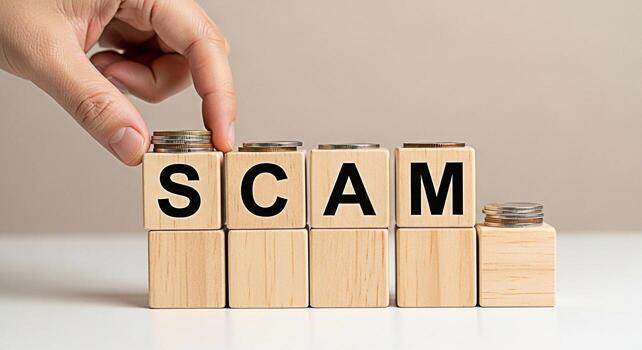 Hand adding coins to wooden blocks spelling SCAM on a white surface symbolizing financial fraud and deception creating a cautionary and serious atmosphere about investment risks and online scams photo