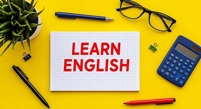 gastos generales Disparo de un vibrante amarillo escritorio presentando papelería artículos y un cuaderno con el texto aprender Inglés promoviendo idioma adquisición y educativo recursos en un brillante y alegre ajuste foto