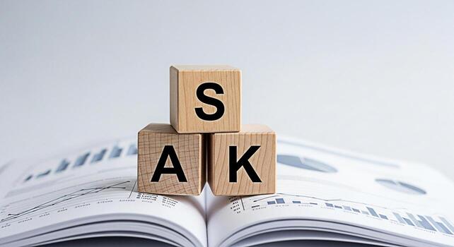 Wooden blocks spelling ASK placed on an open book with financial charts in a bright studio setting representing questions information seeking and the importance of inquiry in business and education photo