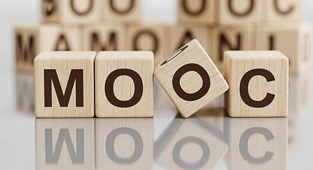 Wooden blocks spelling MOOC on a reflective surface representing the concept of Massive Open Online Courses in an educational setting promoting accessible and flexible learning with a focus on digital photo