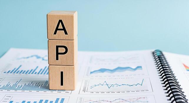 de madera bloques ortografía api descansando en un financiero reporte con gráficos y cartas en un brillante moderno oficina simbolizando solicitud programación interfaz y basado en datos Toma de decisiones con un atención en te foto