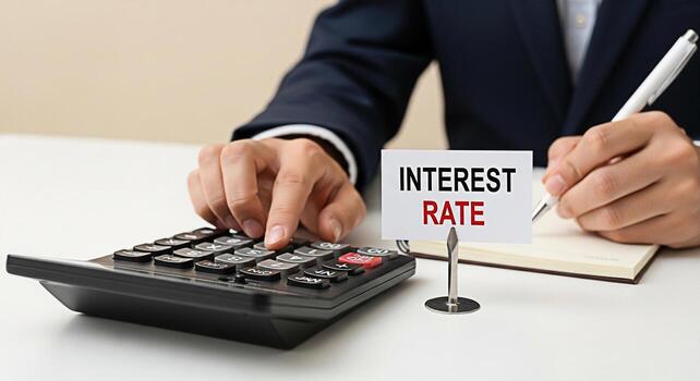 Focused businessman calculating interest rates in a bright office environment carefully pressing buttons on a calculator while taking notes representing financial planning and investment strategy photo