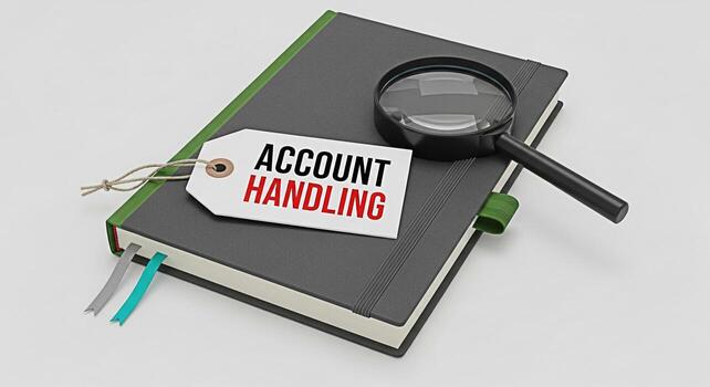 Closeup of a black notebook with a tag reading Account Handling and a magnifying glass representing meticulous financial management and attention to detail in a clean professional setting conveying a photo