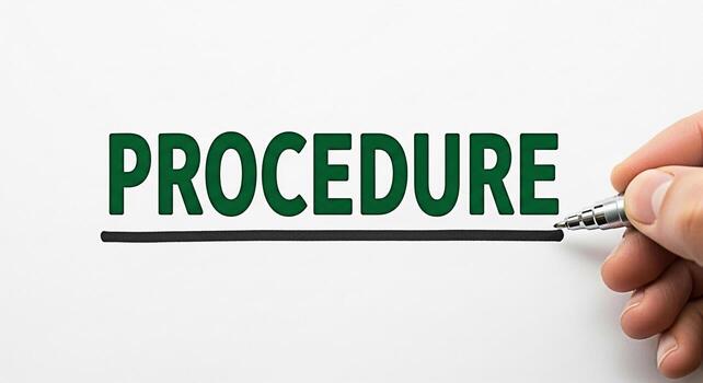 Hand underlining the word Procedure in bold green letters on a white background emphasizing a structured process and clear guidelines for achieving a specific goal with precision and accuracy photo