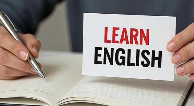 enfocado estudiante participación un aprender Inglés tarjeta mientras tomando notas en un cuaderno con un bolígrafo en un brillante y limpiar estudiar ambiente representando educación idioma adquisición y superación personal foto