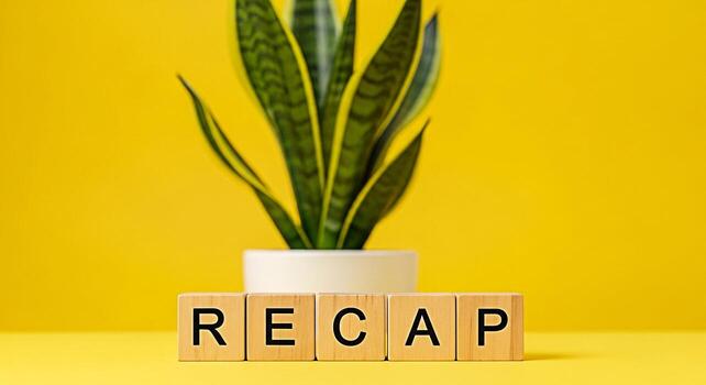 Wooden blocks spelling RECAP on a vibrant yellow surface symbolizing a summary or review with a potted snake plant in the background creating a bright and focused atmosphere for reflection and analysi photo